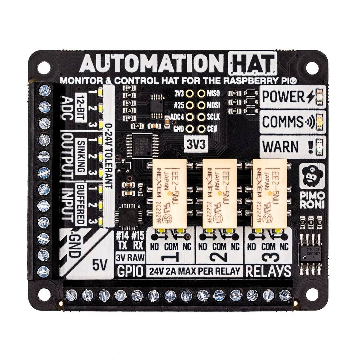 An automation board with three 24-volt relays, buffered inputs, and screw terminals