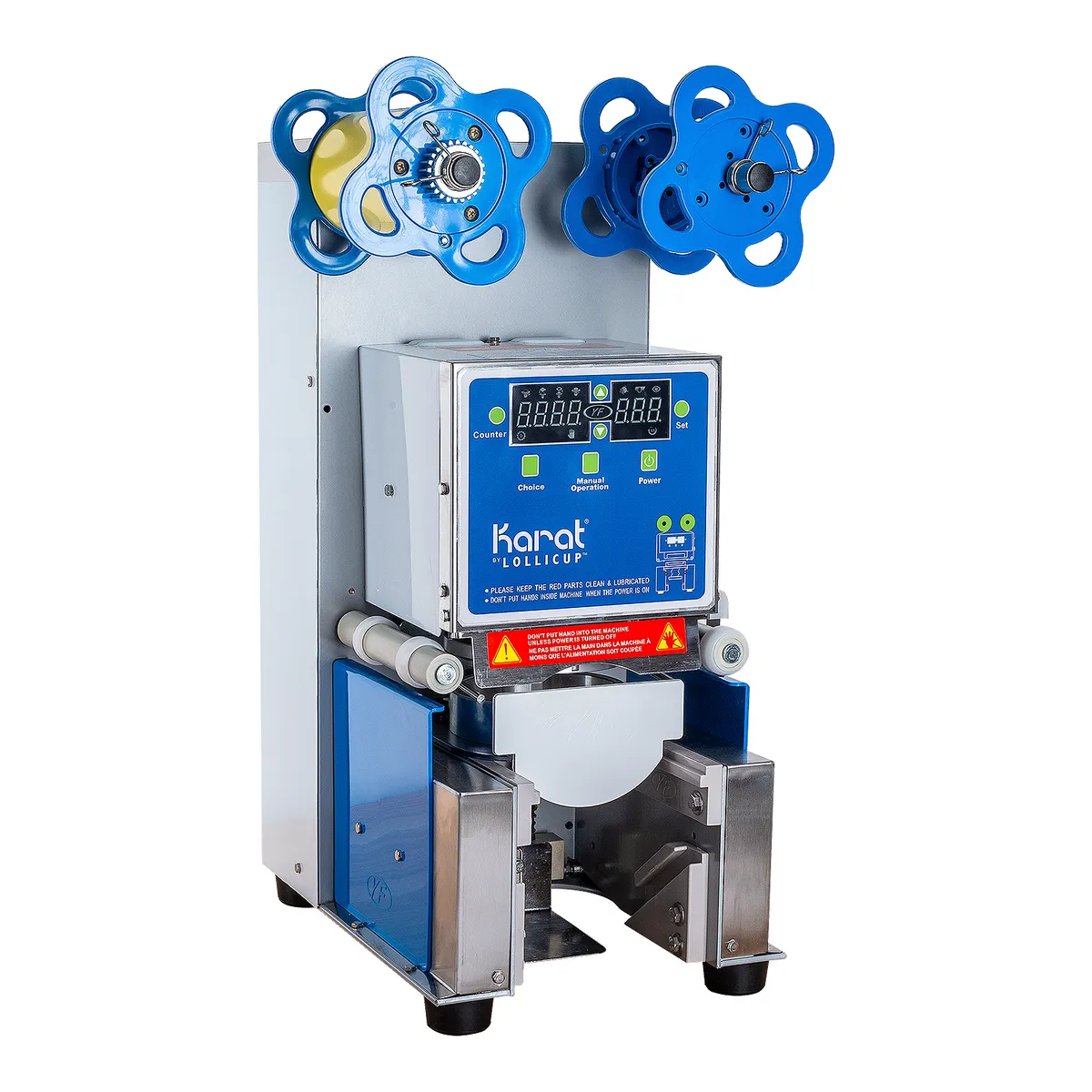 A semi-automatic commercial cup sealing machine with film reels and a control panel