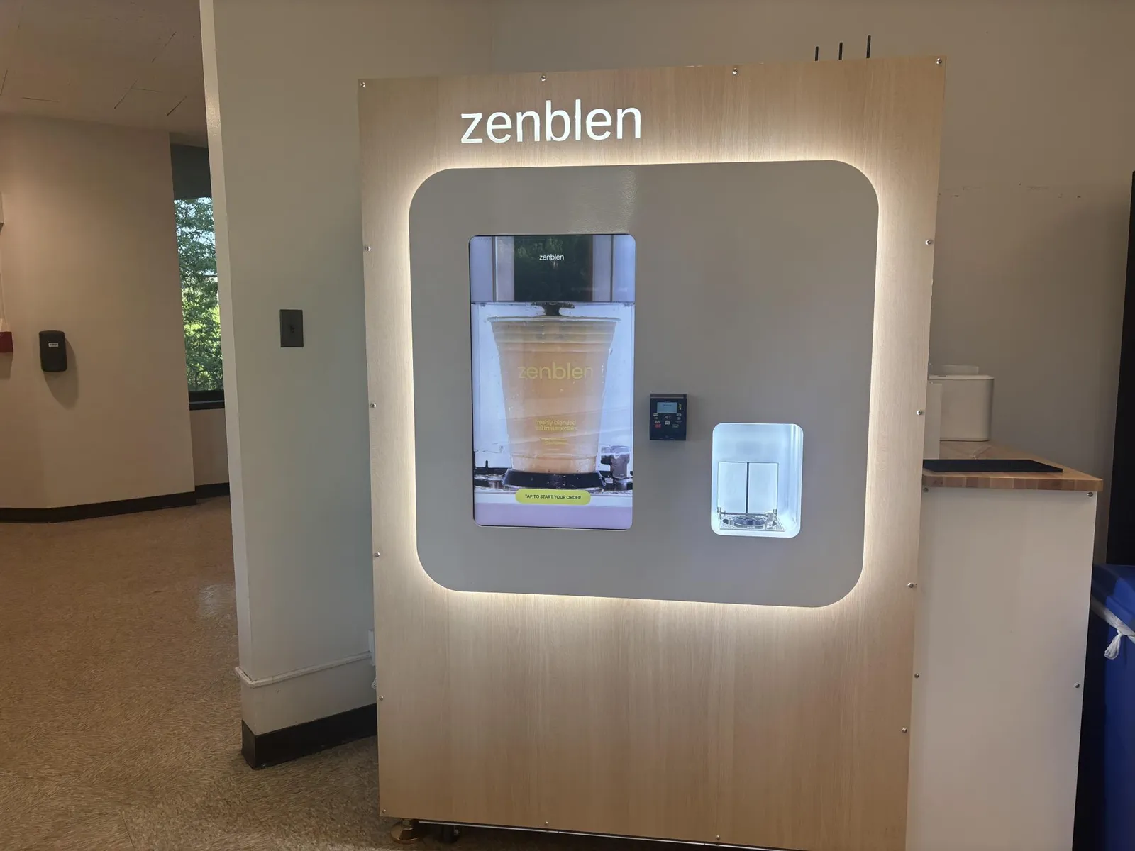 Zenblen smoothie kiosk installed against a wall inside Northwestern University's Main Library