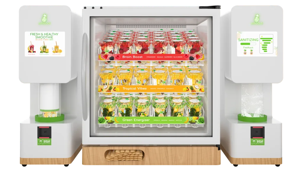 Smoodi self-serve blender stations flanking a glass-front freezer of fruit cups