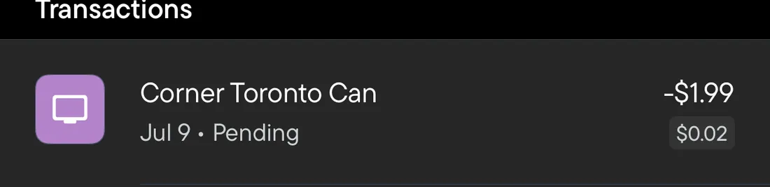 The cardholder's banking app showing the corresponding live $1.99 charge, pending, July 9