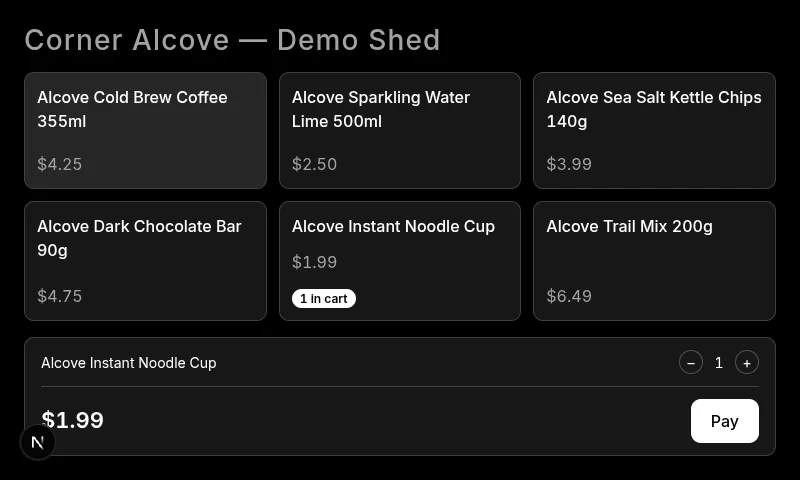 Kiosk touchscreen with one instant noodle cup in the cart totalling $1.99