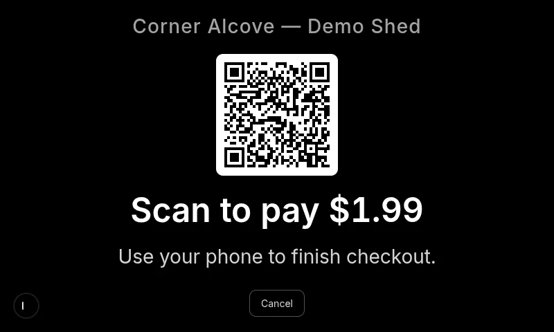 Kiosk touchscreen showing a QR code and the words scan to pay $1.99