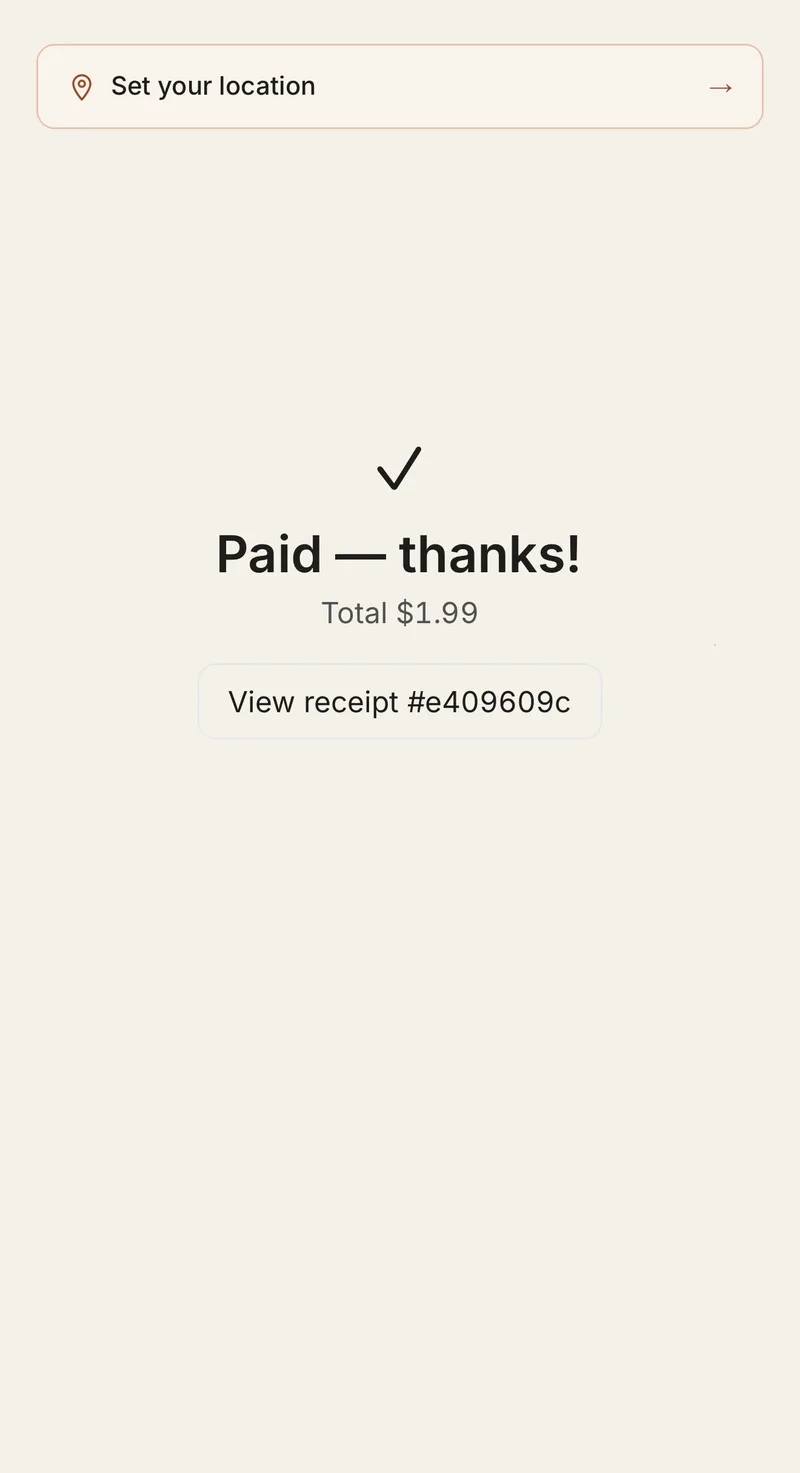 The shopper-side confirmation screen after the live wallet payment: paid, total $1.99, view receipt